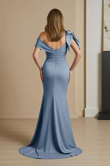 Dusty Blue Mermaid Satin Off The Shoulder Mother of the Bride Dress with Bow